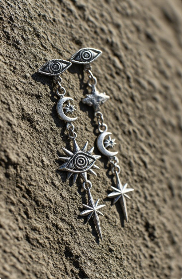 Celestial Eye Drop Earrings – Moon, Star & Eye Dangle Earrings in Antique Silver