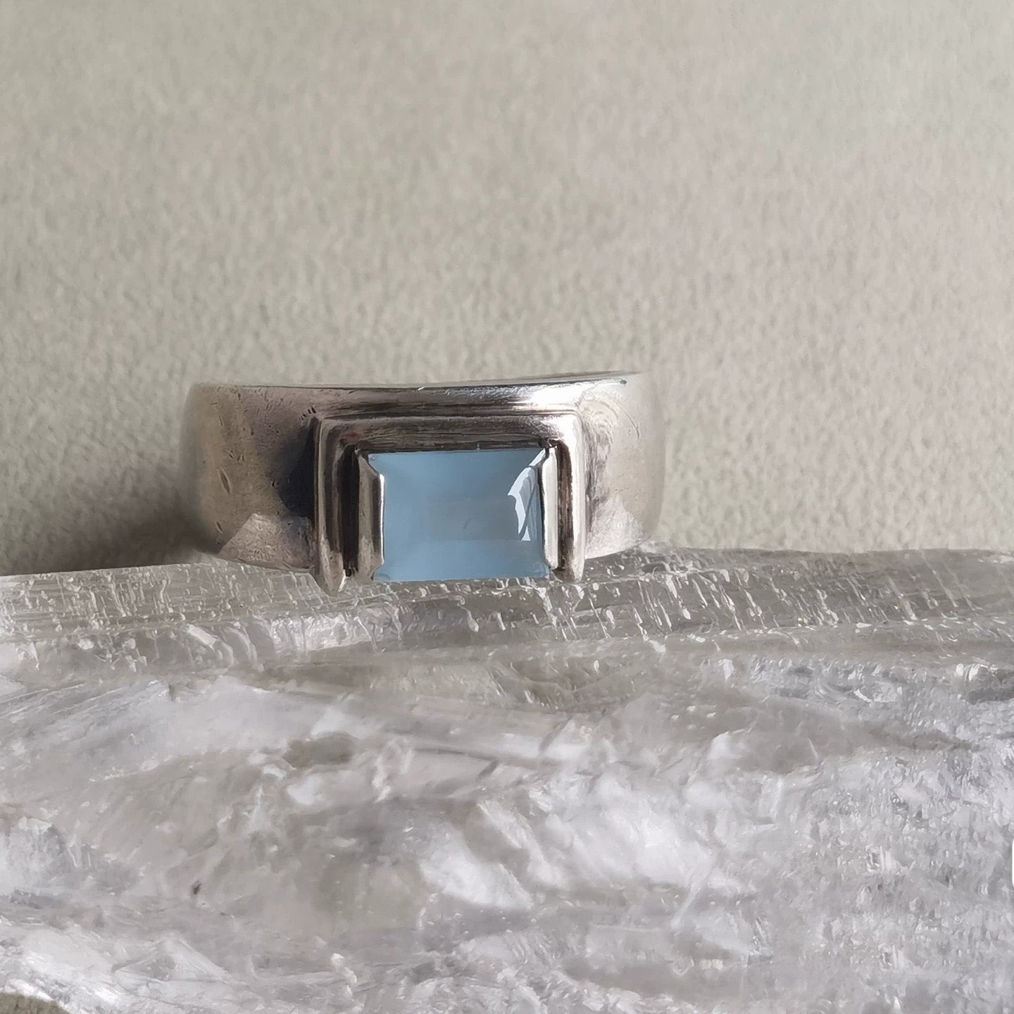 Modern Sterling Silver Ring with Square Blue Stone – Minimalist Wide Band Unisex Design