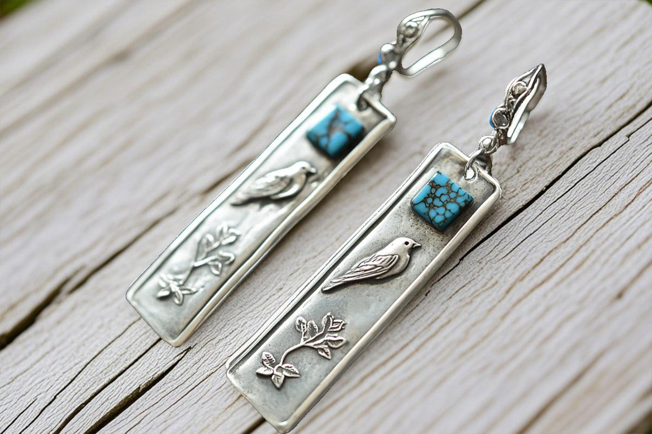 Nature-Inspired Jewelry for Women-Handmade Silver-Tone Dangle Earrings with Turquoise Accent