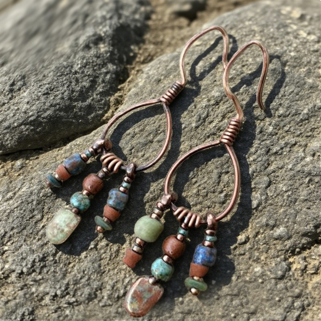 Rustic Copper Teardrop Earrings with Natural Stone Beads