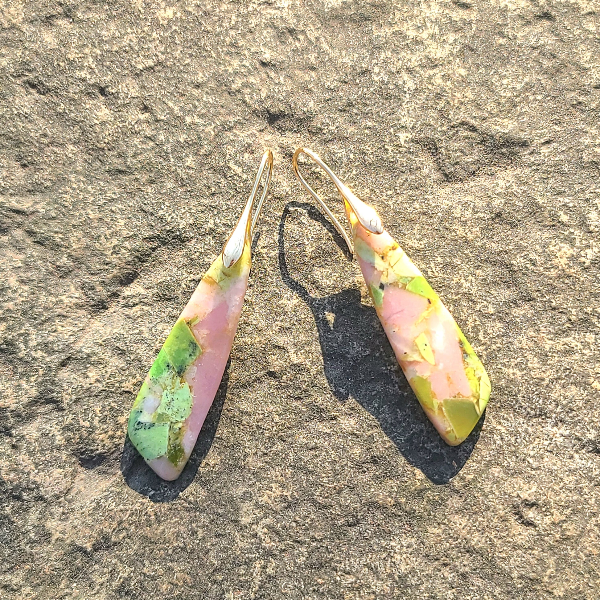 Handmade Pastel Green & Pink Mosaic Resin Earrings – Nature-Inspired Drop Earrings with Gold Hooks