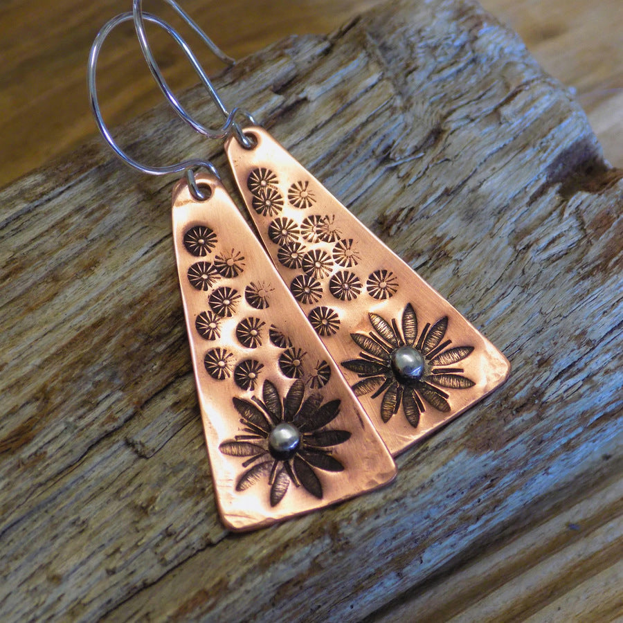 Handmade vintage copper engraved sunflower earrings for women