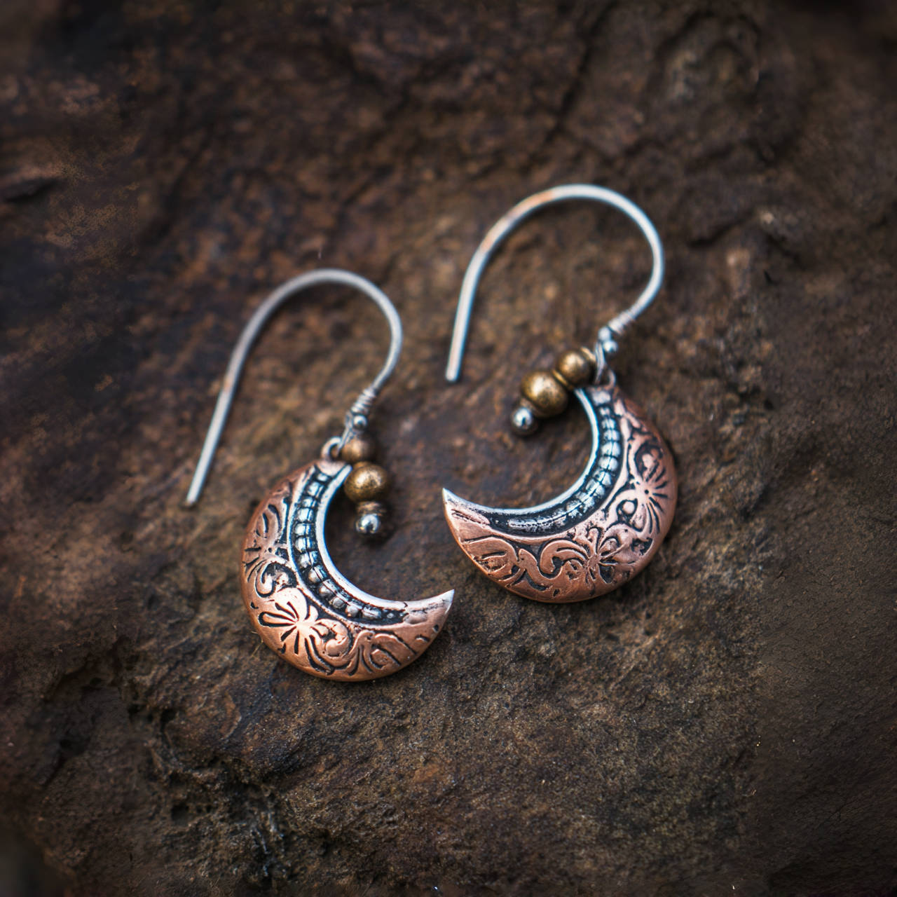 Vintage Copper Moon Pendant Women's Earrings