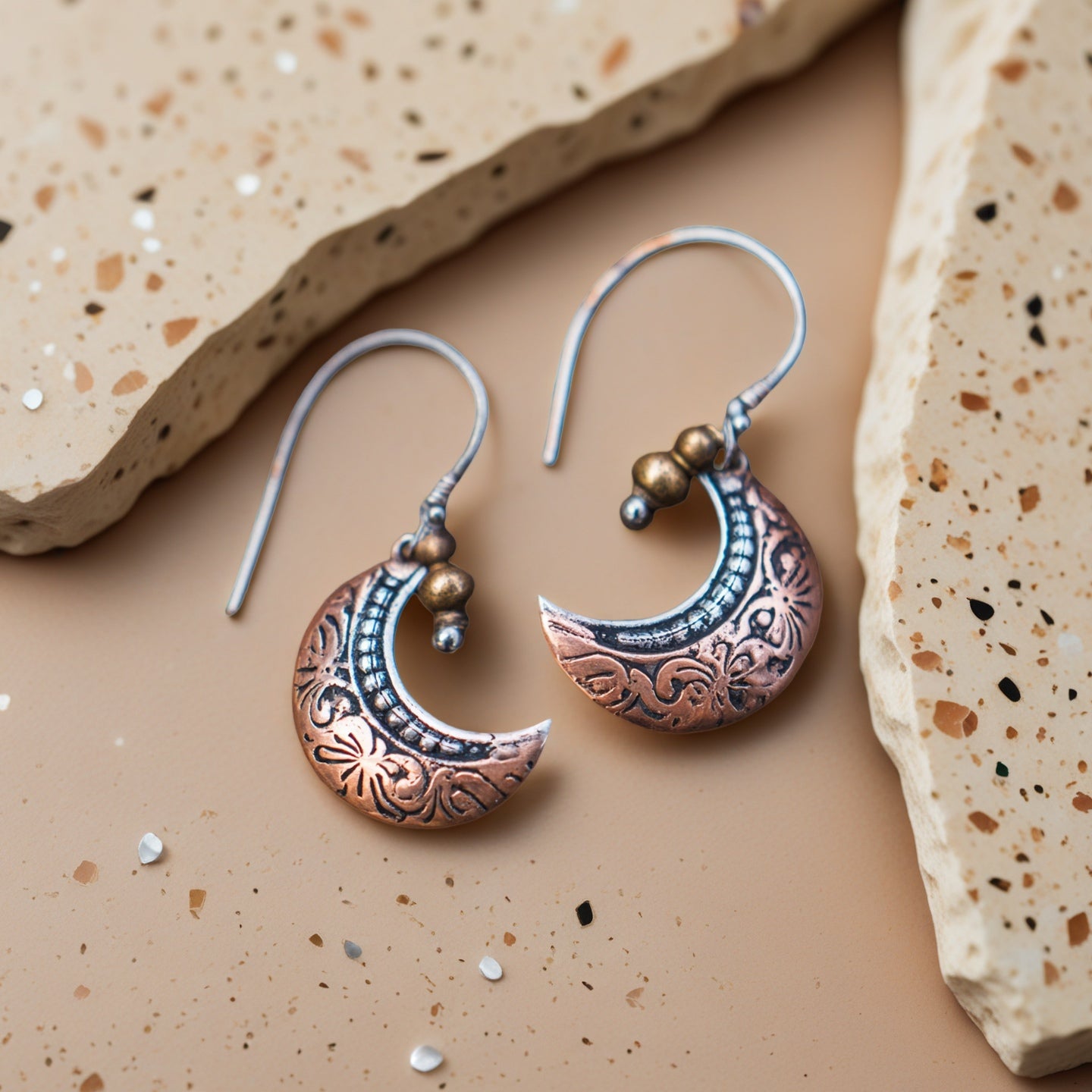 Vintage Copper Moon Pendant Women's Earrings