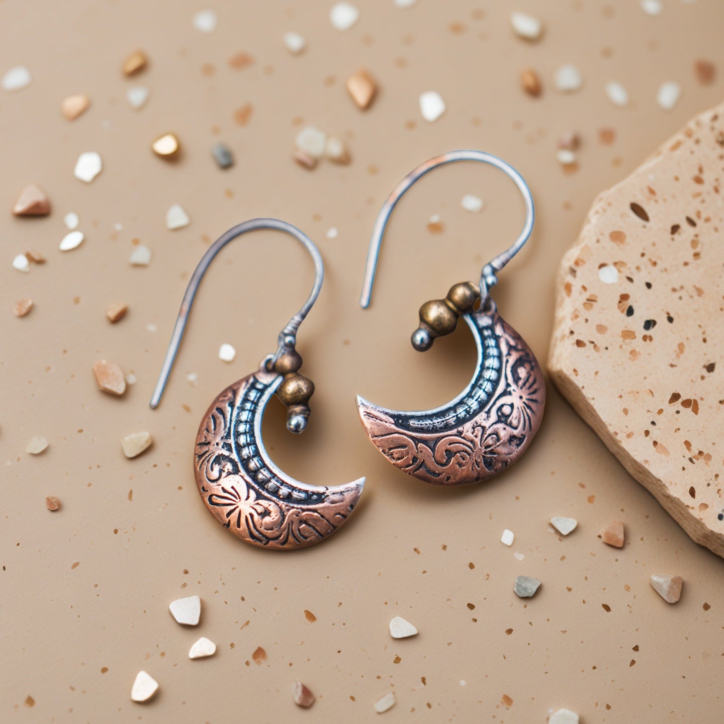 Vintage Copper Moon Pendant Women's Earrings