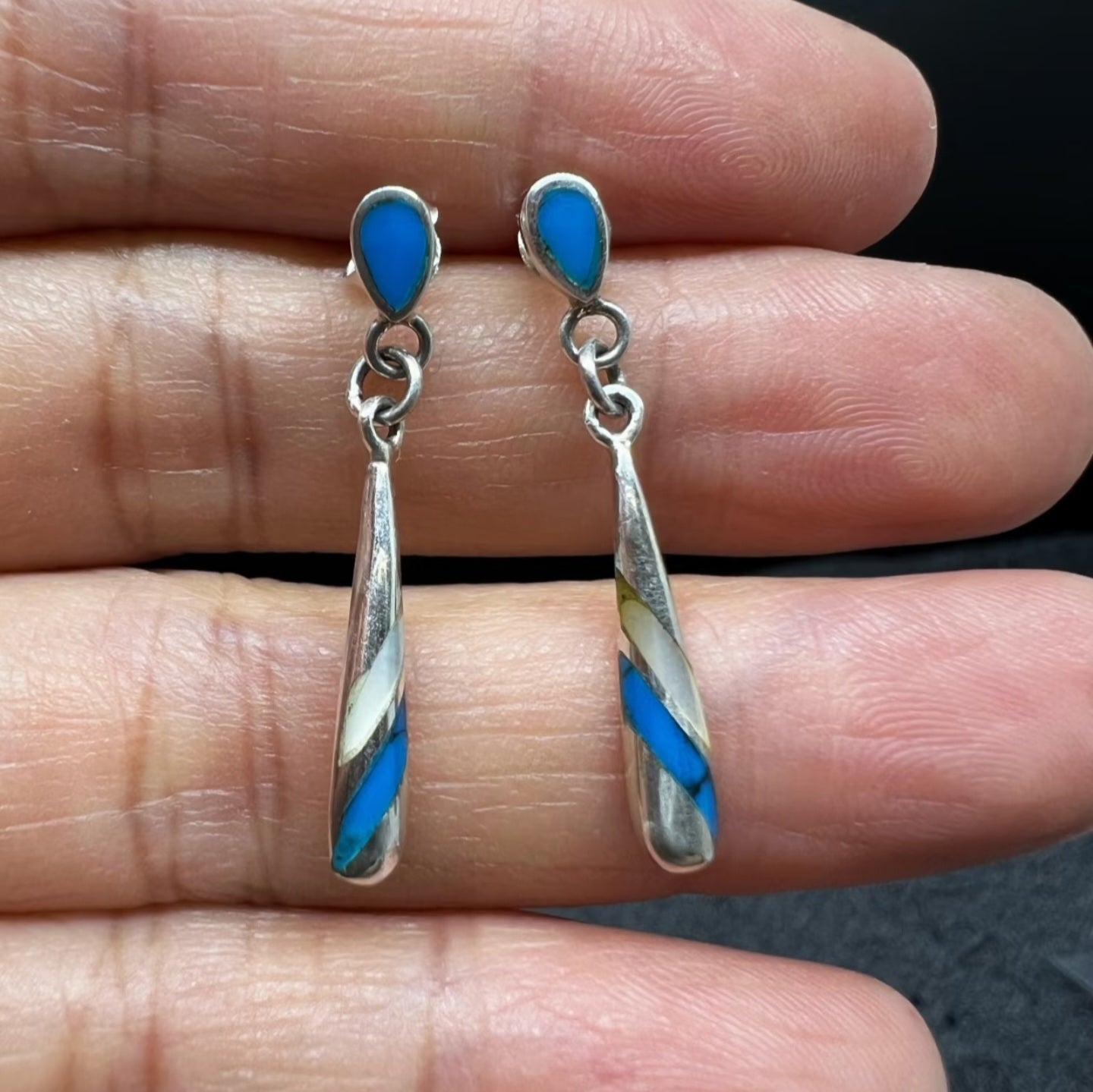 Sterling Silver Inlay Drop Earrings – Teardrop Blue & Cream Striped Dangle Earrings