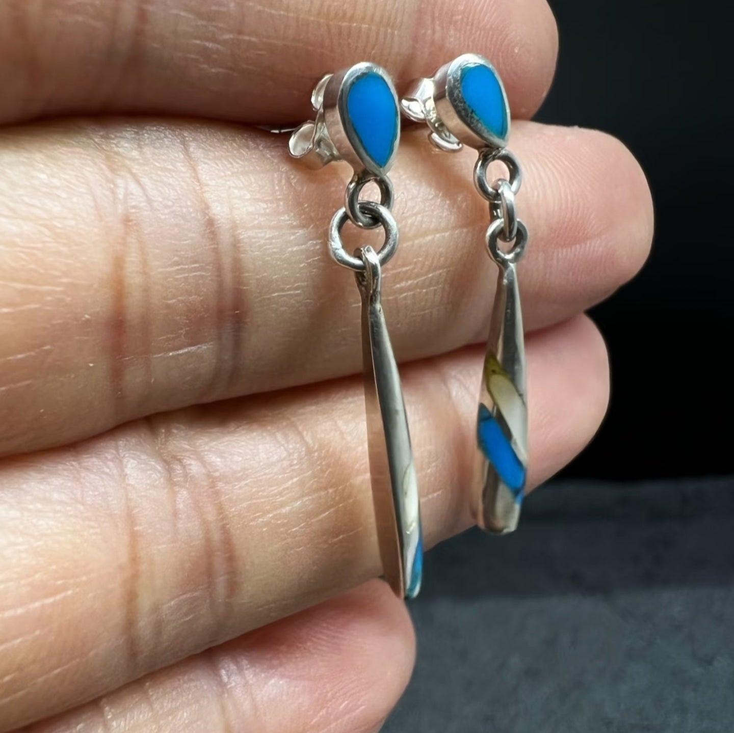Sterling Silver Inlay Drop Earrings – Teardrop Blue & Cream Striped Dangle Earrings