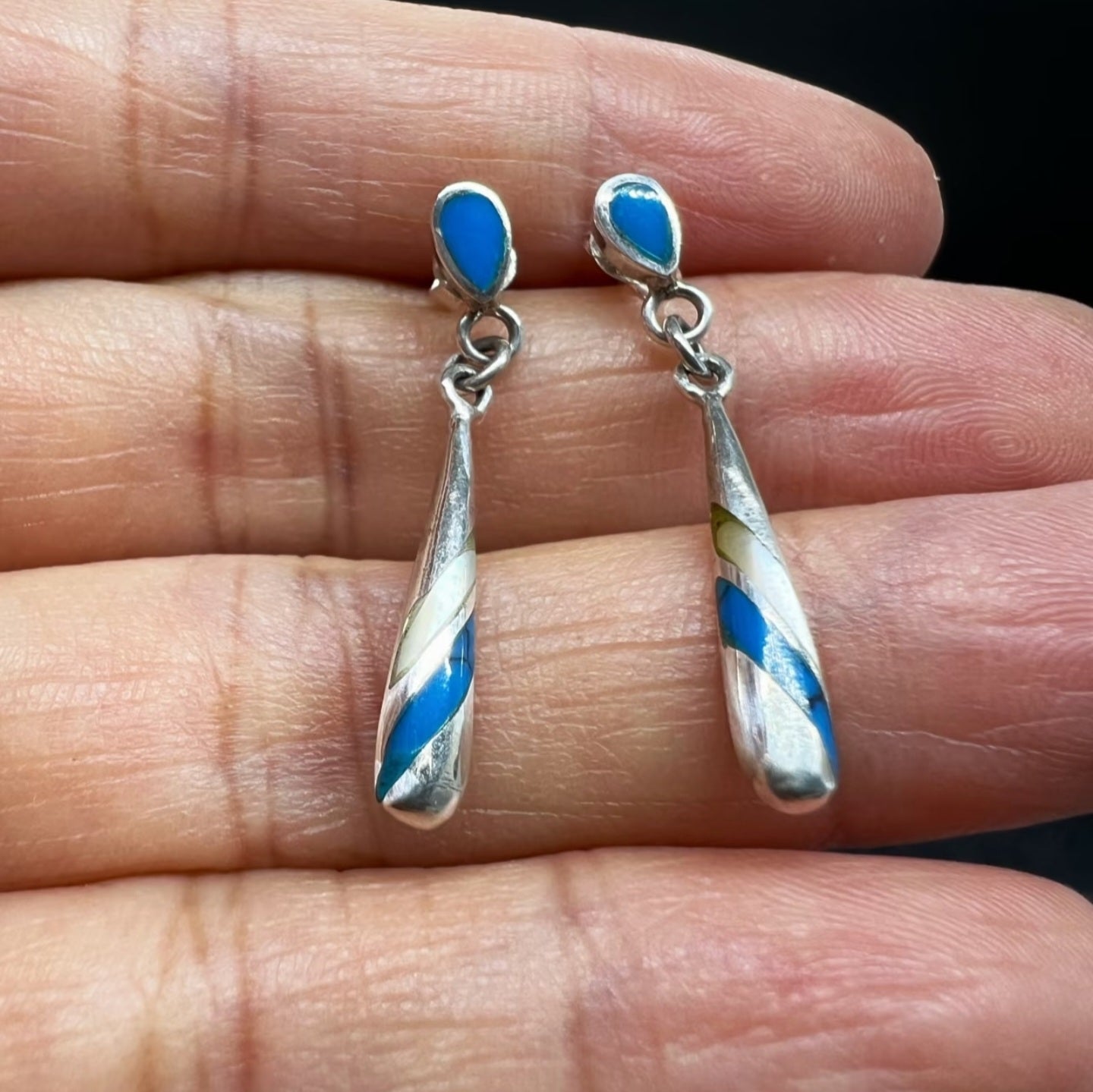 Sterling Silver Inlay Drop Earrings – Teardrop Blue & Cream Striped Dangle Earrings