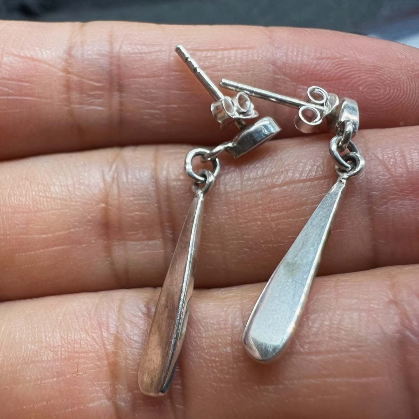 Sterling Silver Inlay Drop Earrings – Teardrop Blue & Cream Striped Dangle Earrings