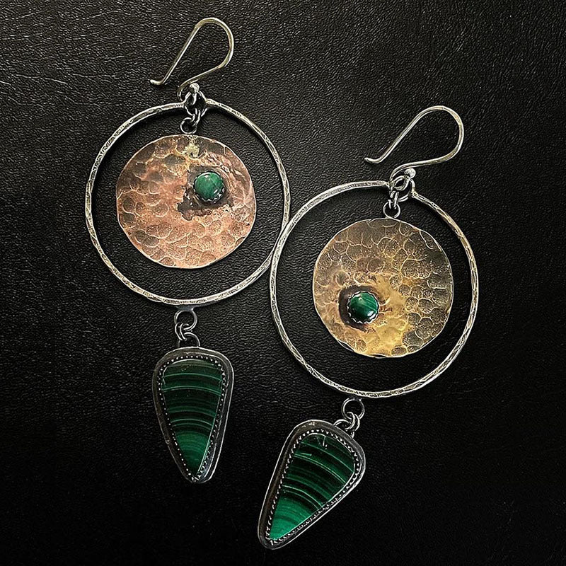 Handcrafted and inlaid malachite pendant earrings for women