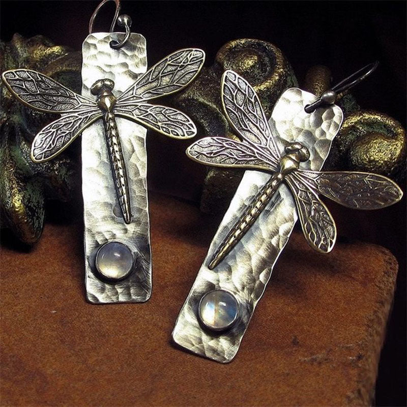 Handmade Dragonfly Inlaid Moonstone Women's Earrings