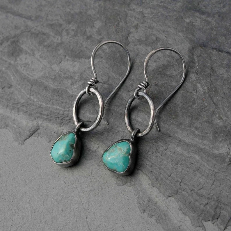 Handmade 925 silver inlaid turquoise drop earrings
