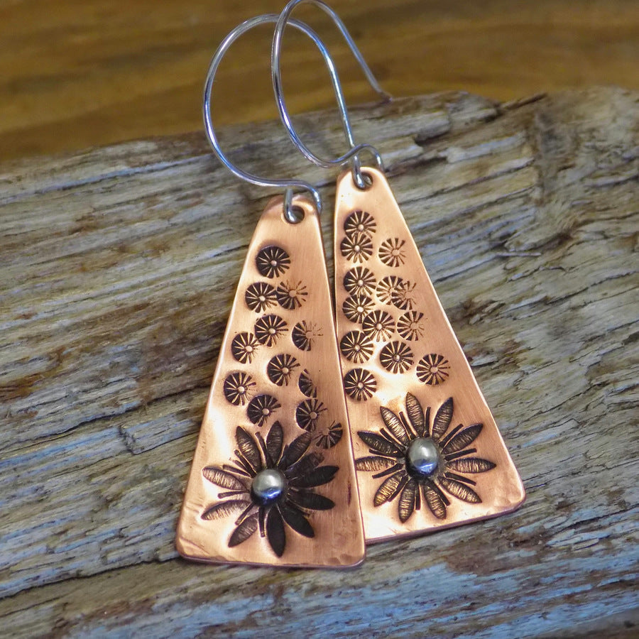 Handmade vintage copper engraved sunflower earrings for women