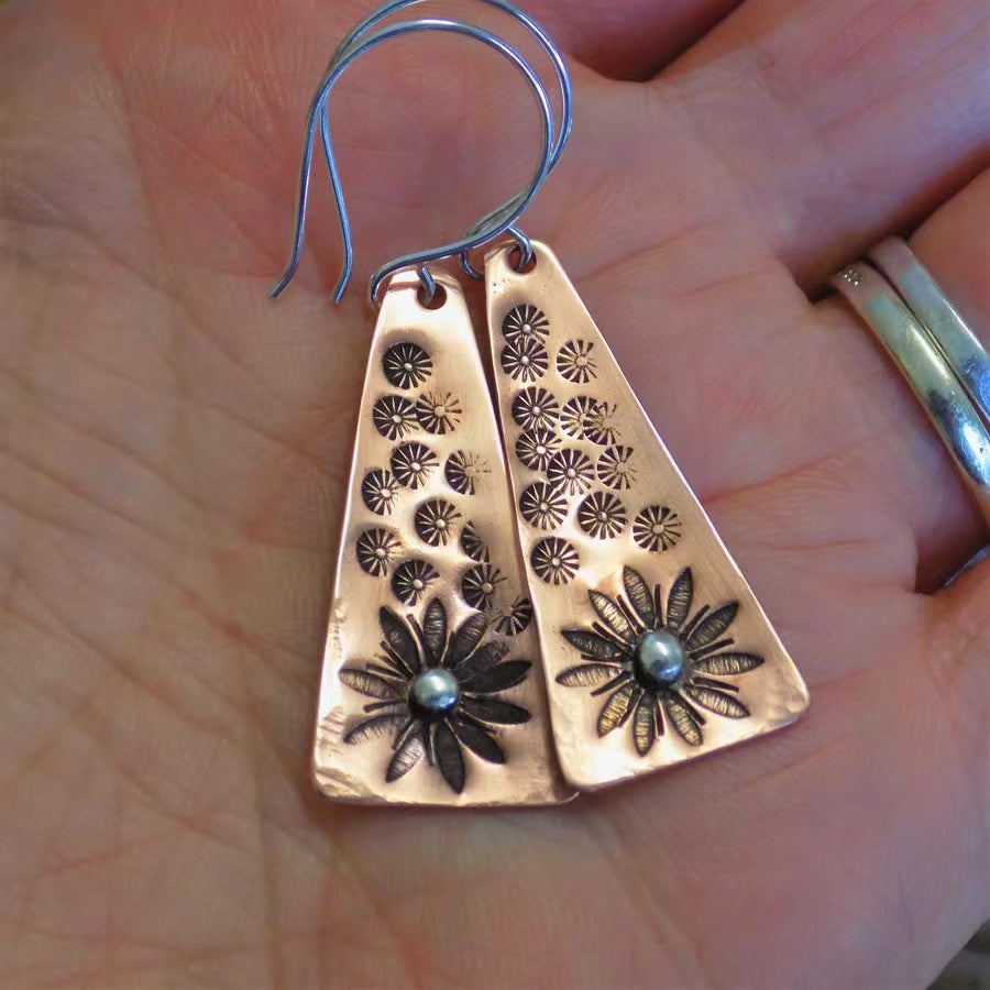 Handmade vintage copper engraved sunflower earrings for women