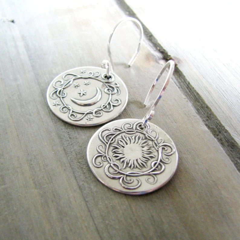 Handmade 925 Silver Carved Sun and Moon Women's Earrings