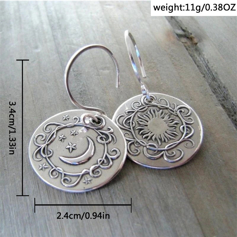 Handmade 925 Silver Carved Sun and Moon Women's Earrings