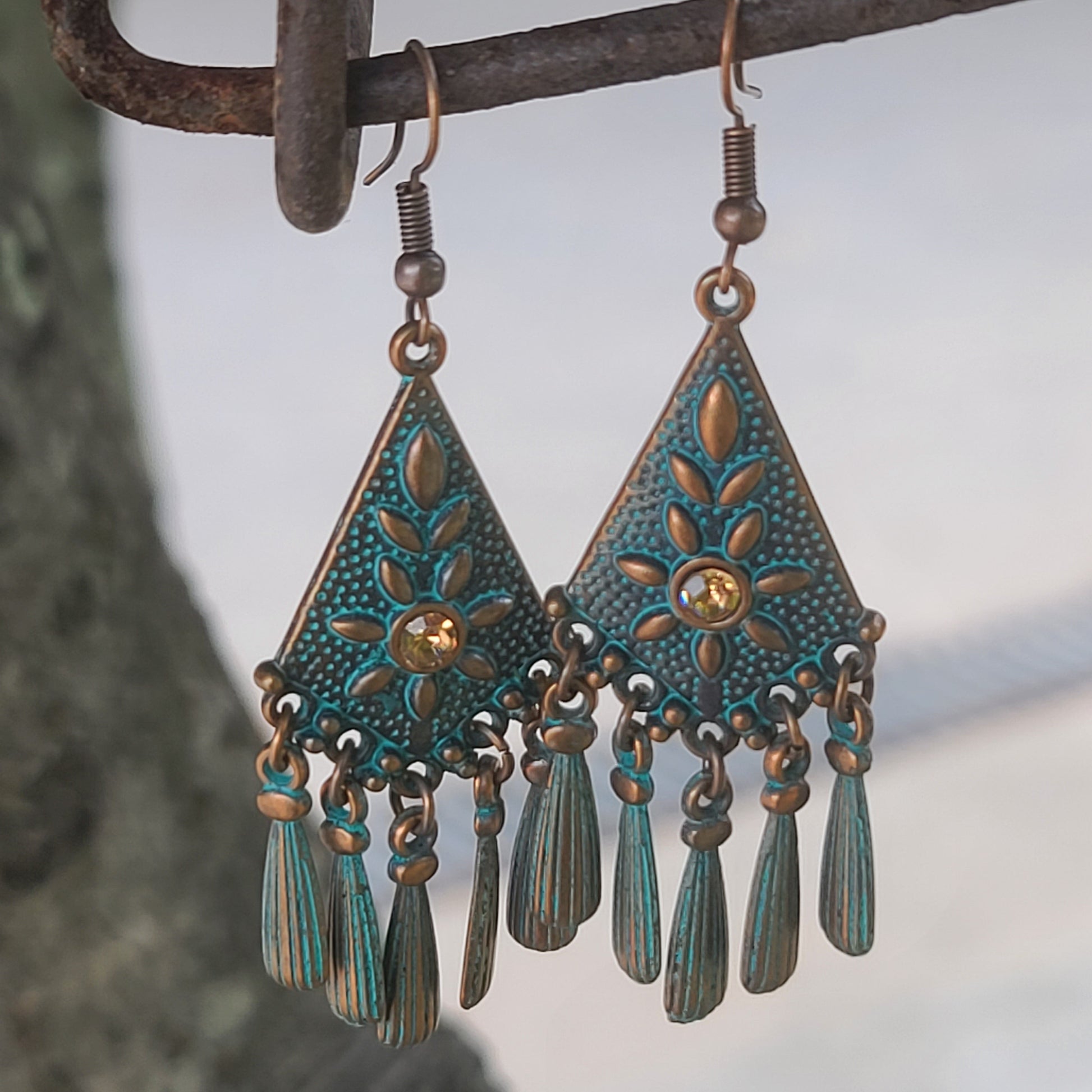 Bohemian Vintage Turquoise Chandelier Earrings – Antique Copper Floral Drop Dangles
