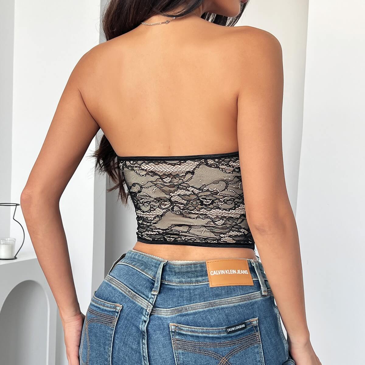 Sexy Lace Trim Strapless Bustier Top