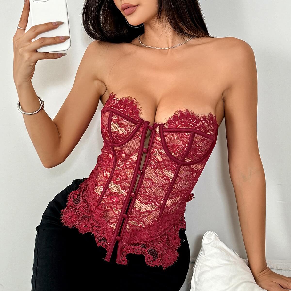 Sexy Lace Trim Strapless Bustier Top