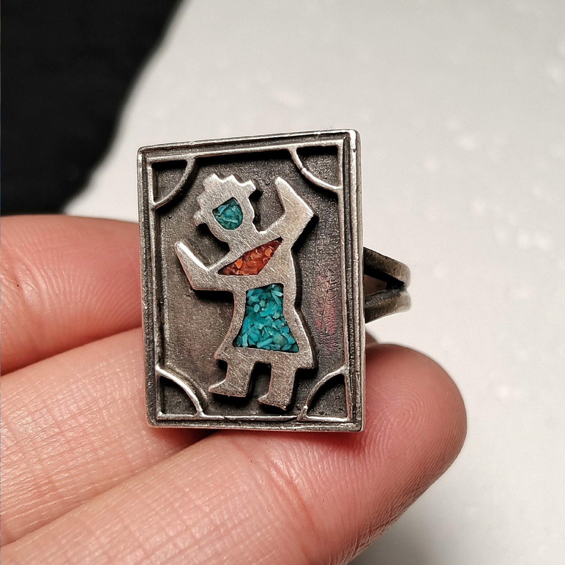 Vintage Southwestern Mosaic Ring – Sterling Silver Rectangle Ring with Turquoise & Coral Inlay Tribal Dancer Design