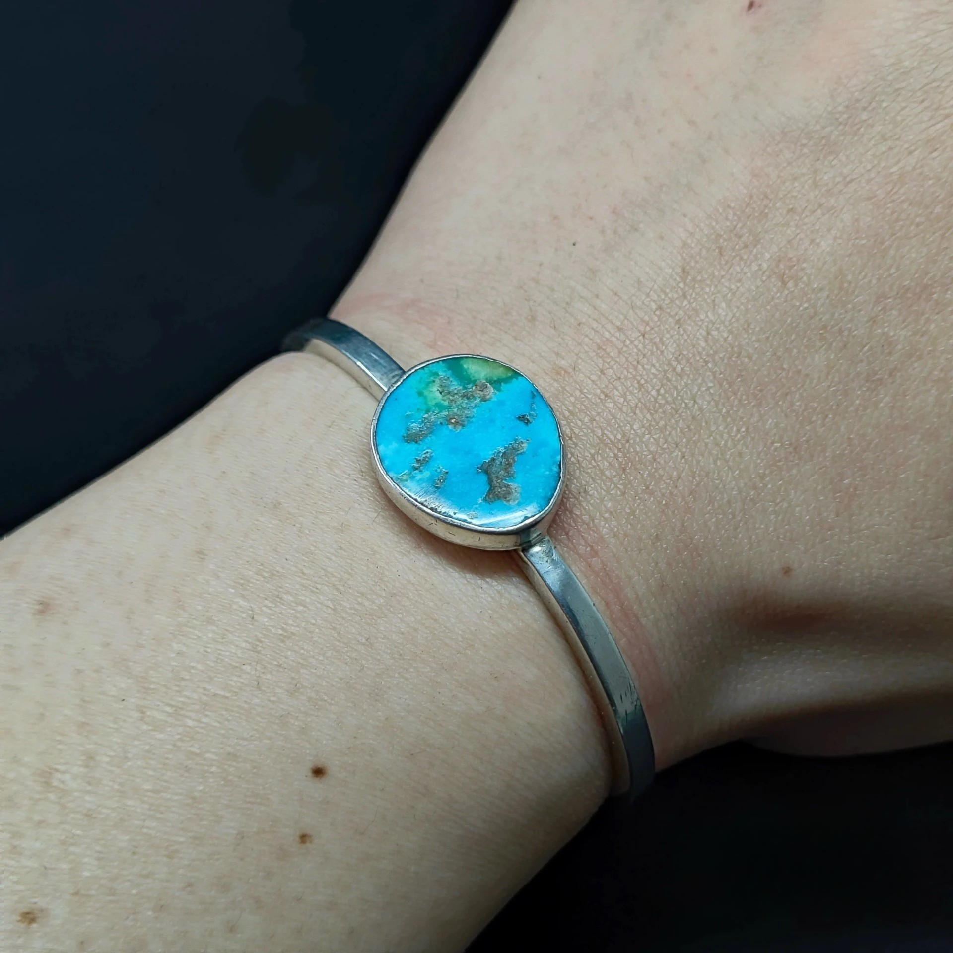 Handmade Sterling Silver Cuff Bracelet with Natural Oval Turquoise – Minimalist Boho Jewelry for Women & Men