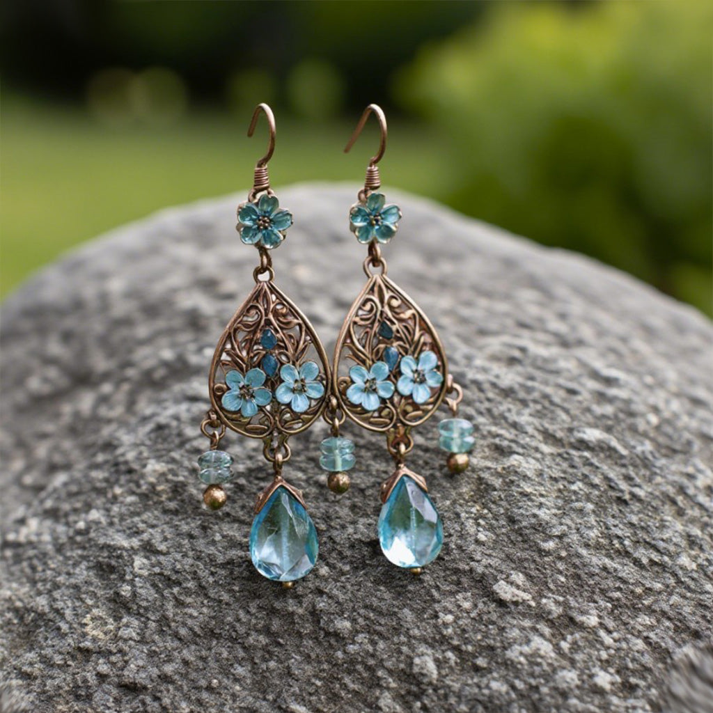 Vintage Floral Chandelier Earrings – Blue Crystal Drop with Bronze Filigree