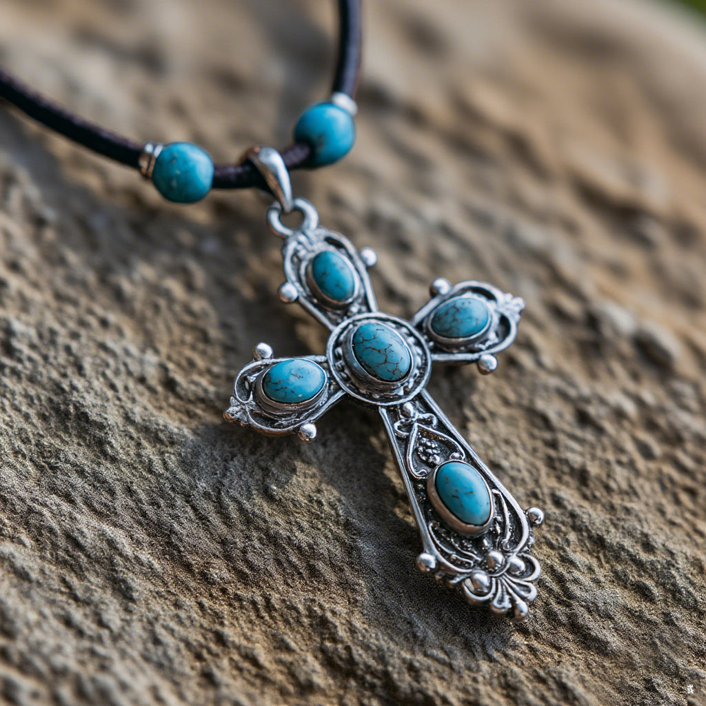 Vintage Turquoise Cross Pendant Necklace