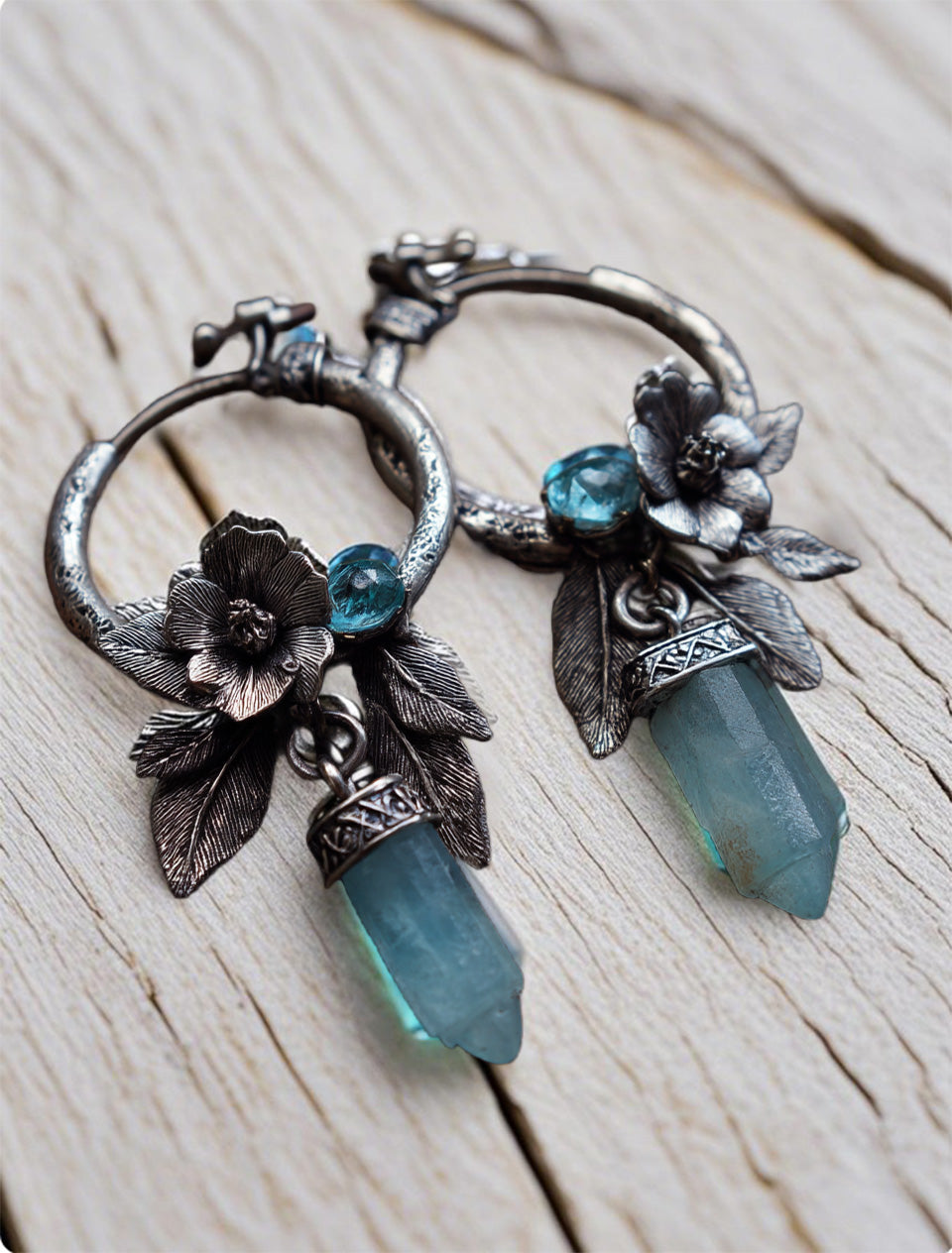 Vintage Floral Crystal Dangle Earrings – Antique Silver Hoop Earrings with Blue Quartz Point and Leaf Detail