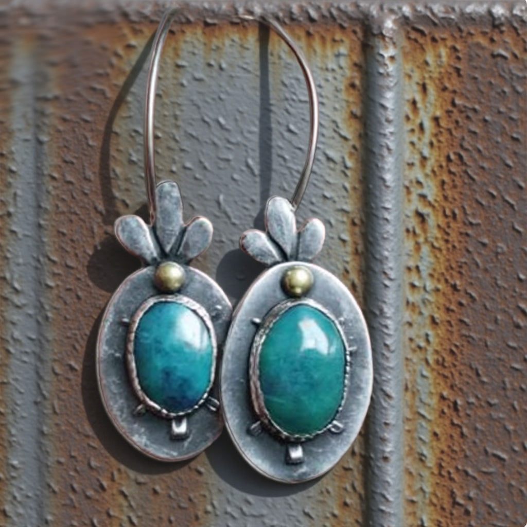 Rustic Oval Earrings with Turquoise Gemstones and Leaf Motif