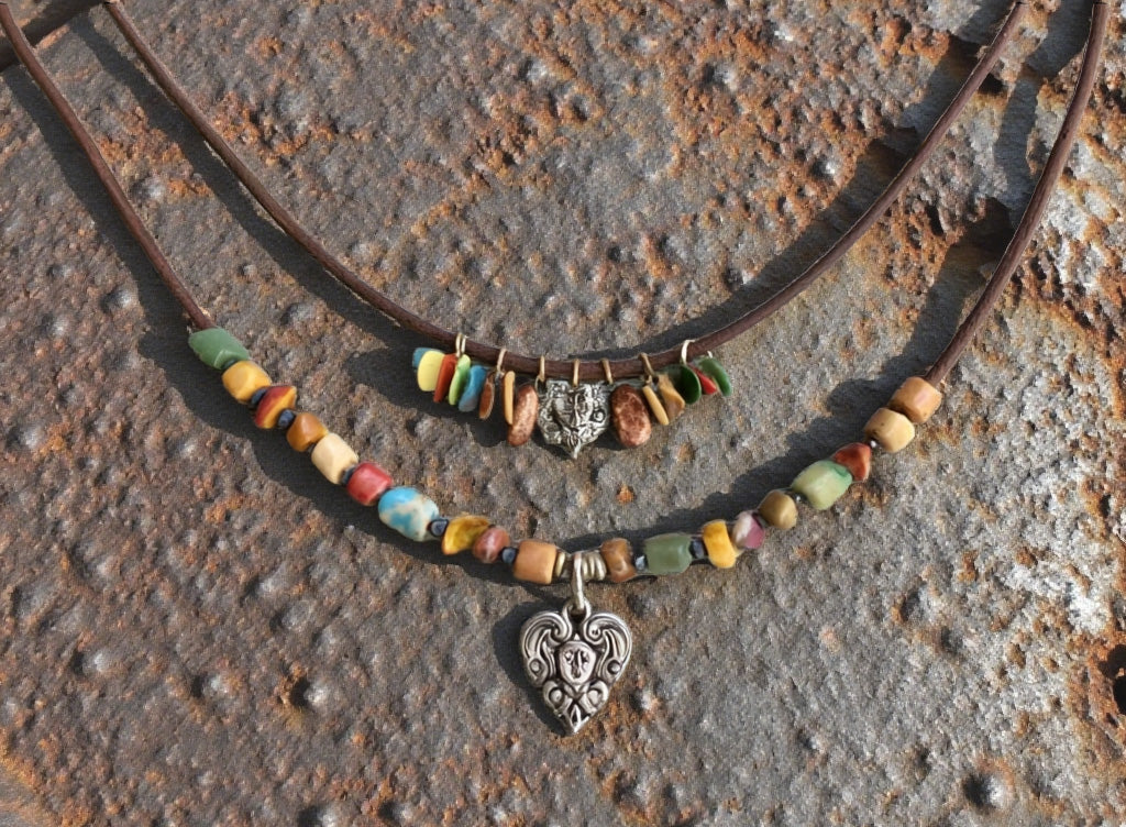 Boho Layered Beaded Necklace with Heart Pendant – Handmade Tribal Style with Natural Stone & Leather Cord