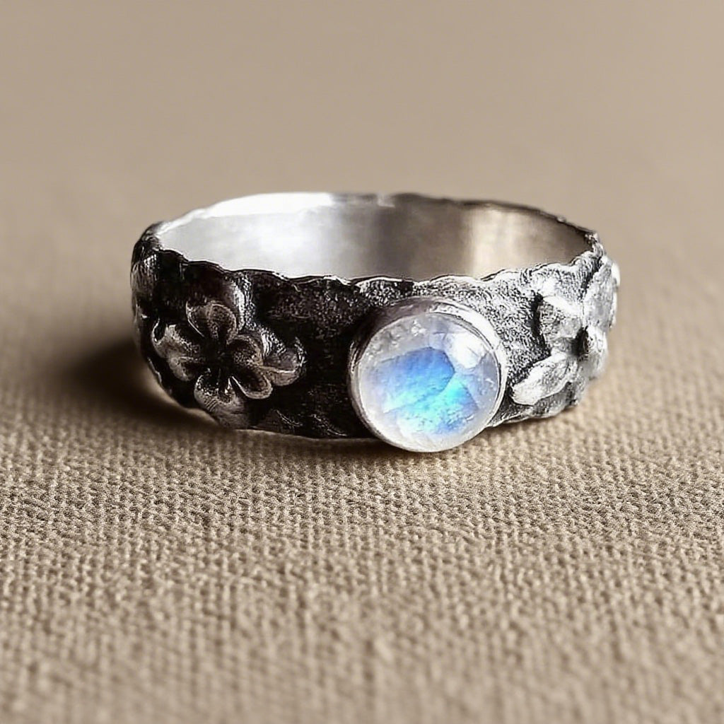 Vintage Floral Moonstone Ring – Handmade Boho Sterling Silver-Tone Band for Women