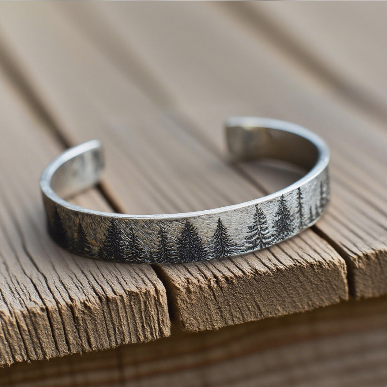 Rustic Forest Cuff Bracelet – Handcrafted Vintage-Style Tree Engraved Bangle for Men and Women