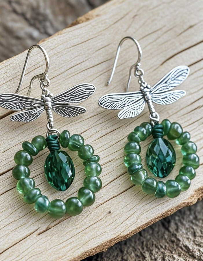 Nature-Inspired Dragonfly & Green Bead Drop Earrings
