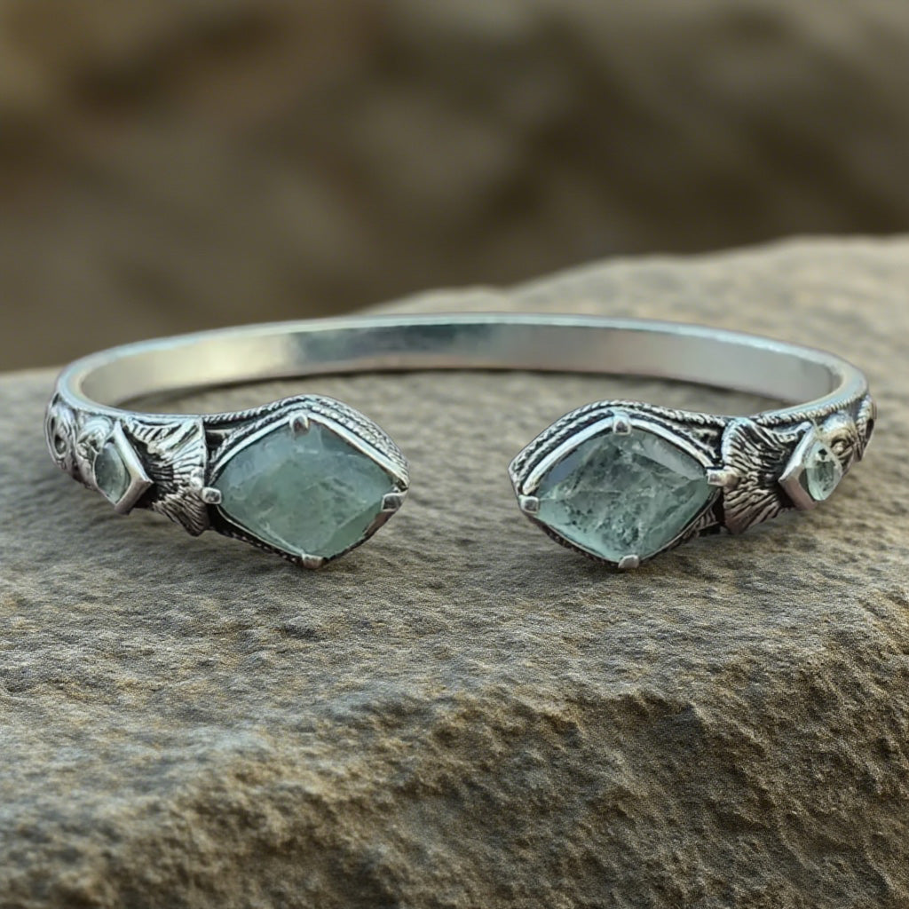 Vintage Boho Cuff Bracelet with Raw Green Fluorite Stones – Handcrafted Open Bangle for Women
