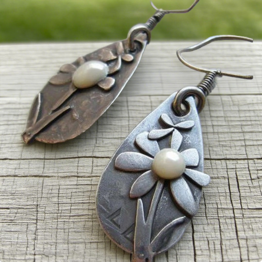 Vintage Floral Drop Earrings with Pearl Center – Handcrafted Antique Silver Look