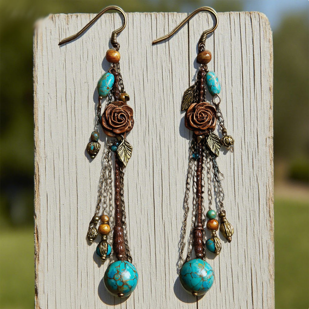 Boho Turquoise Earrings – Rose & Bead Dangle Vintage Floral Long Drop Design