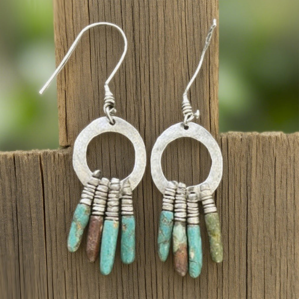 Handcrafted Rustic Hoop Earrings with Turquoise Stick Beads – Bohemian Tribal Style