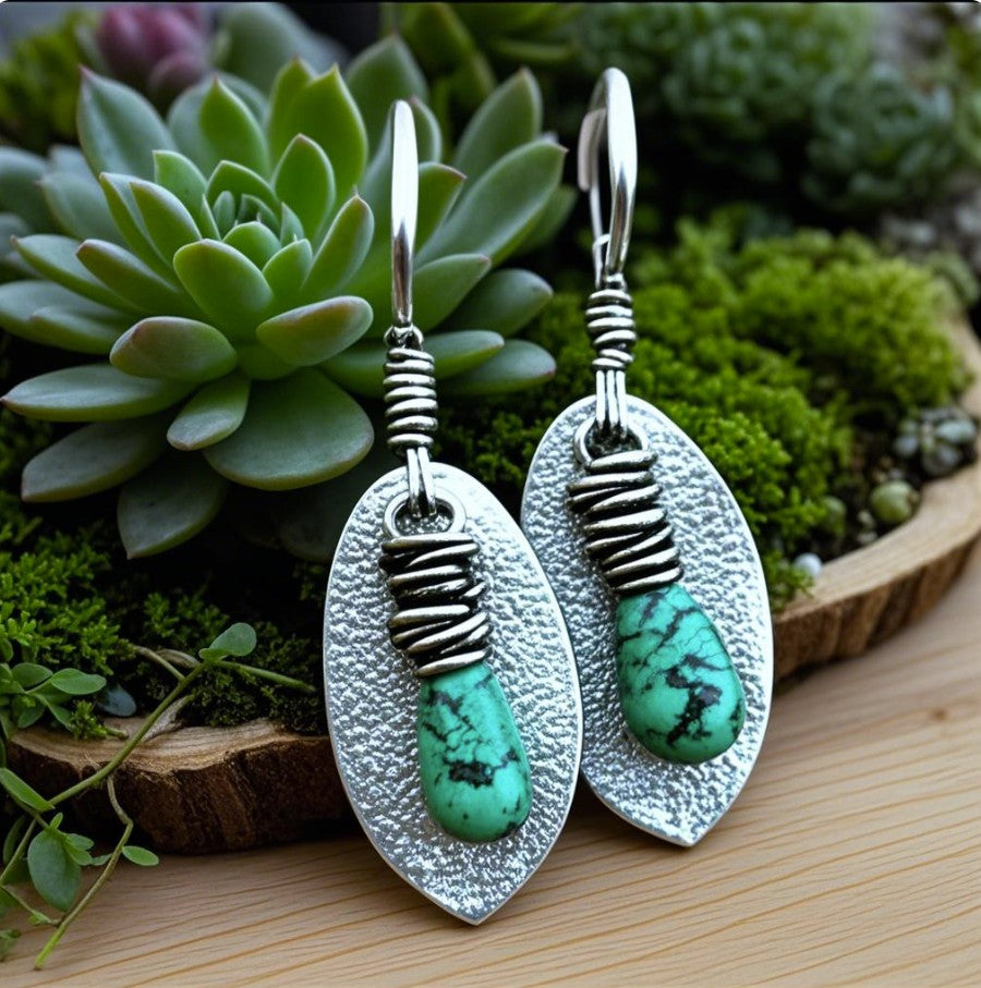 Turquoise and Silver Spiral Drop Earrings