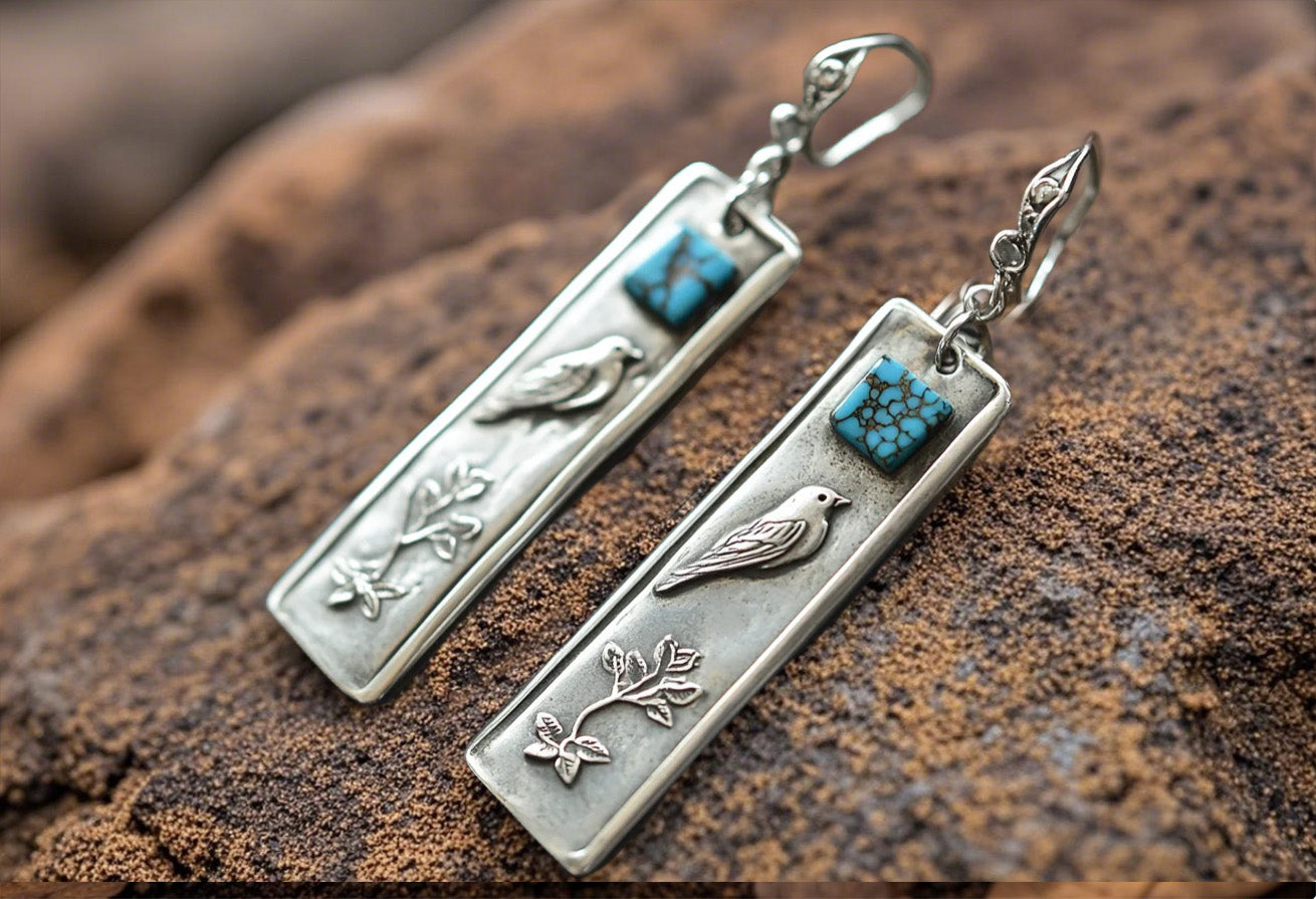 Rustic Bird & Branch Dangle Earrings with Turquoise Accent