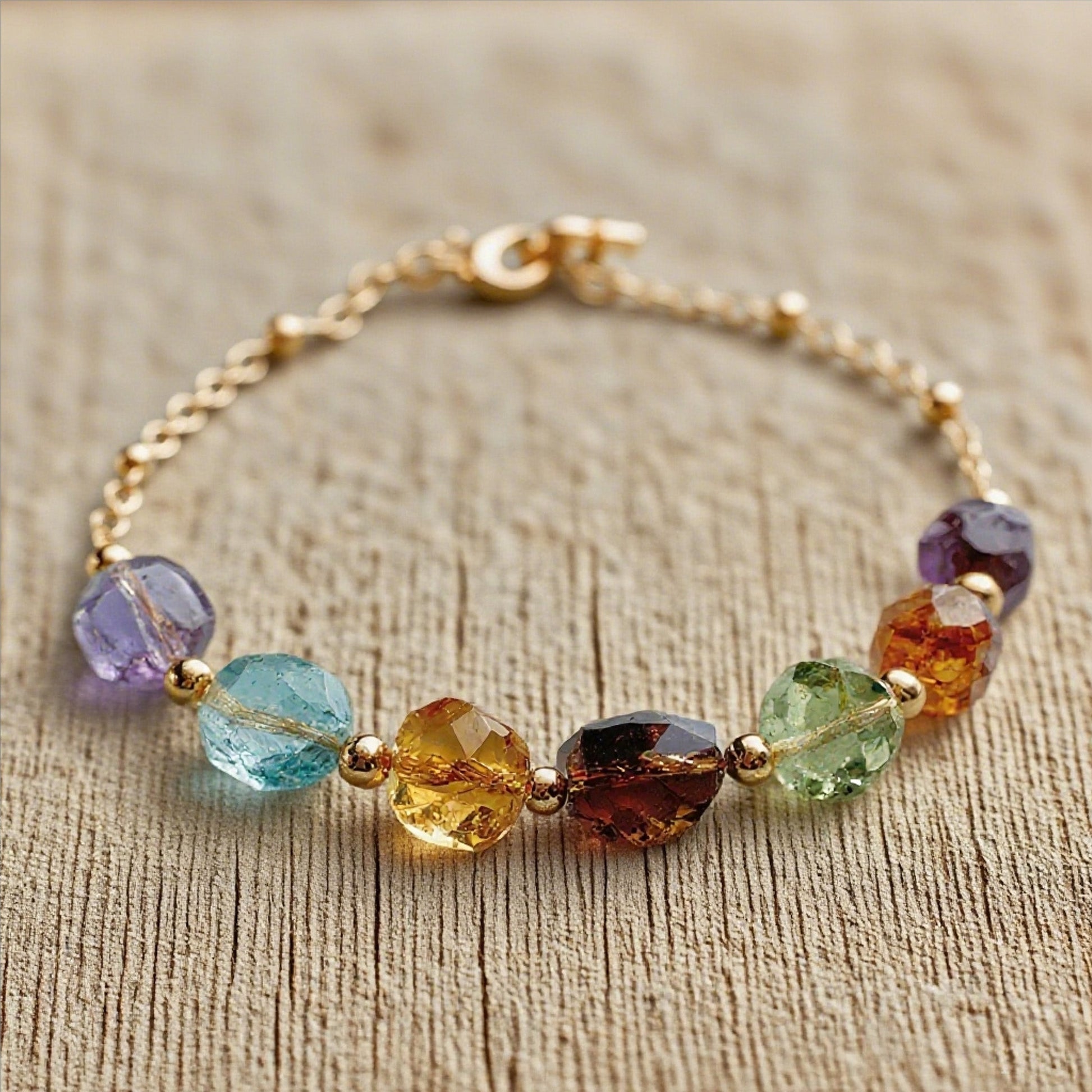 Multicolor Natural Gemstone Bracelet – Handmade Crystal Bead Chain with Gold Plated Clasp