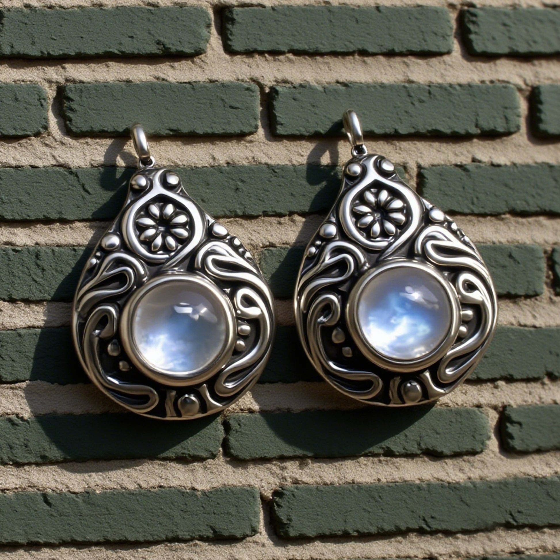 Sterling Silver Moonstone Drop Earrings with Intricate Floral Design
