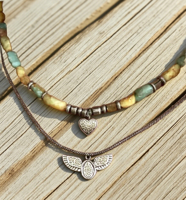 Bohemian Double Layer Tribal Necklace – Natural Stone Beads with Antique Heart & Winged Charm Pendants
