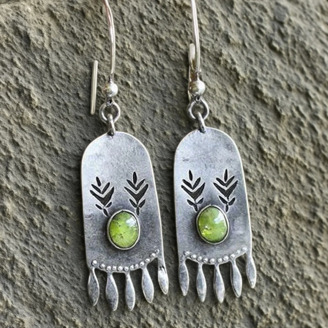 Tribal-Inspired Silver Dangle Earrings with Green Stone and Leaf Etching