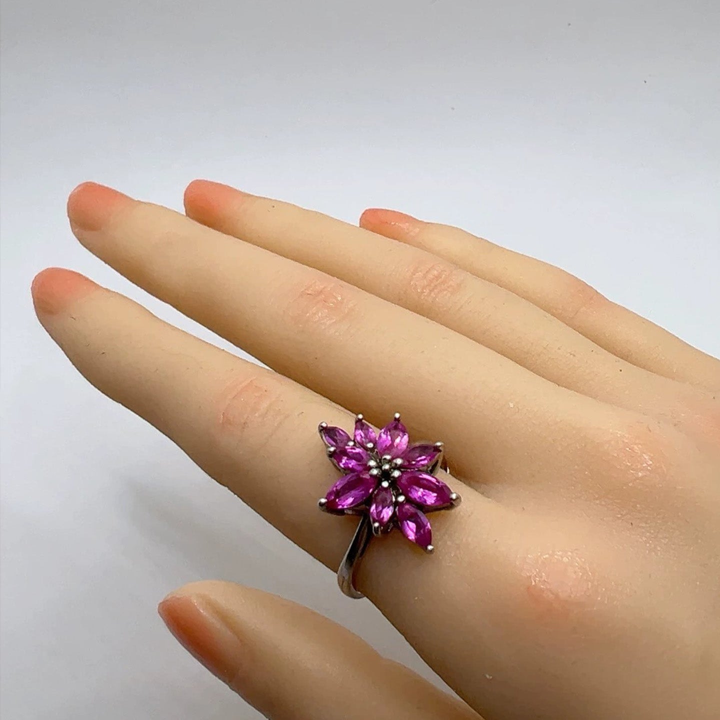 Elegant Pink Marquise Gemstone Flower Ring - Vintage Sterling Silver