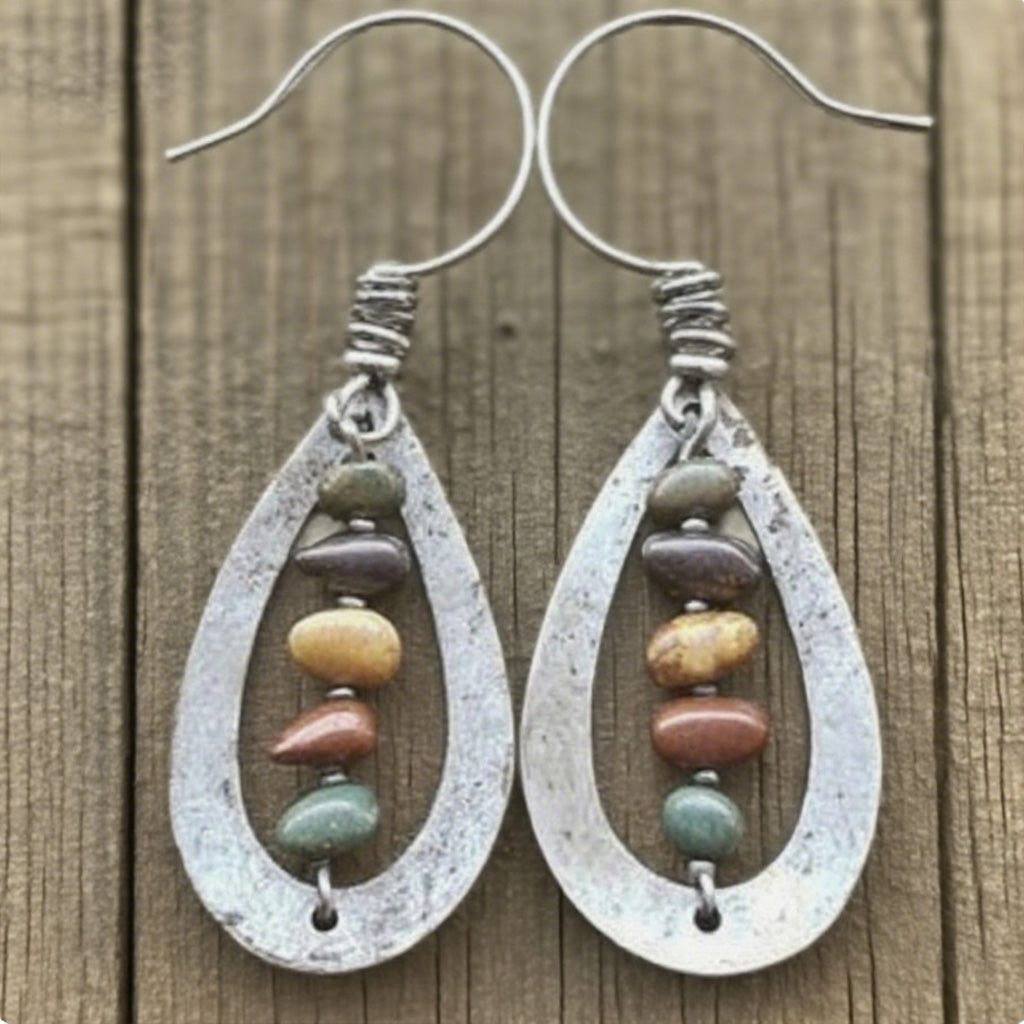 Boho Teardrop Metal Earrings with Multicolor Stone Beads