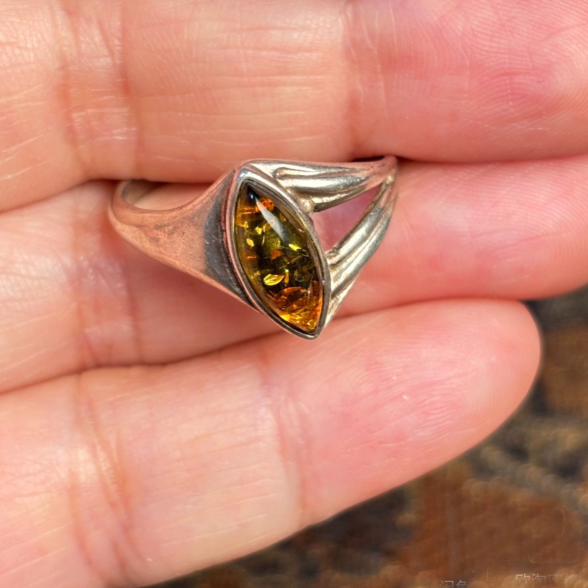 Unique Marquise-Shaped Baltic Amber Ring in Sterling Silver – Vintage Handmade Jewelry for Women