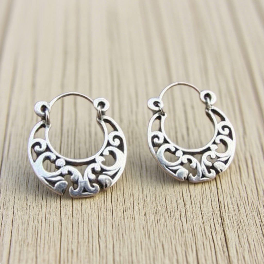 Boho Filigree Hoop Earrings – Vintage Silver Cutout Crescent Design
