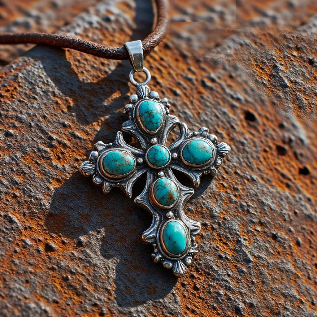Turquoise Cross Pendant Necklace – Vintage Silver Western Jewelry