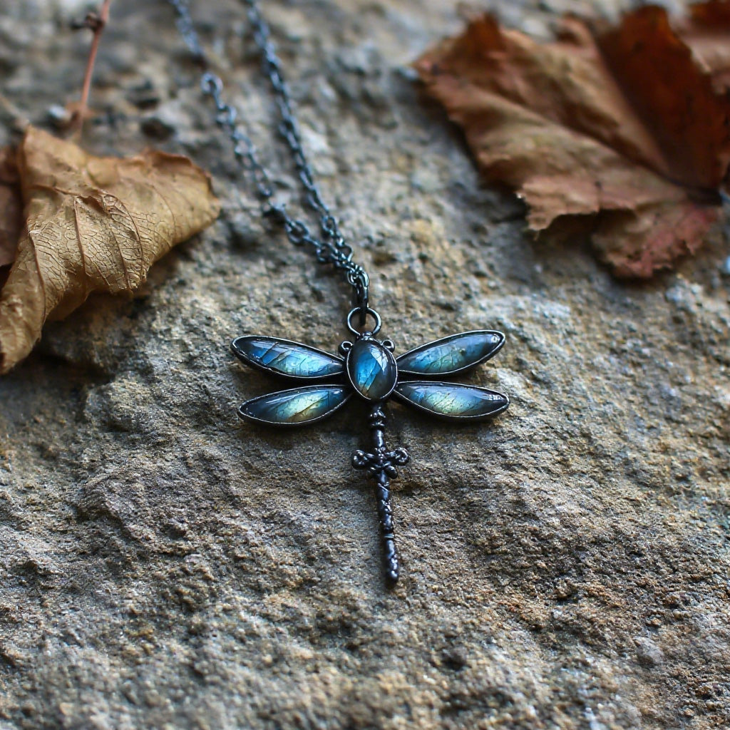 Luminous Dragonfly Pendant Necklace – Handmade Blue Iridescent Wings with Sword Detail, Gothic Nature-Inspired Jewelry
