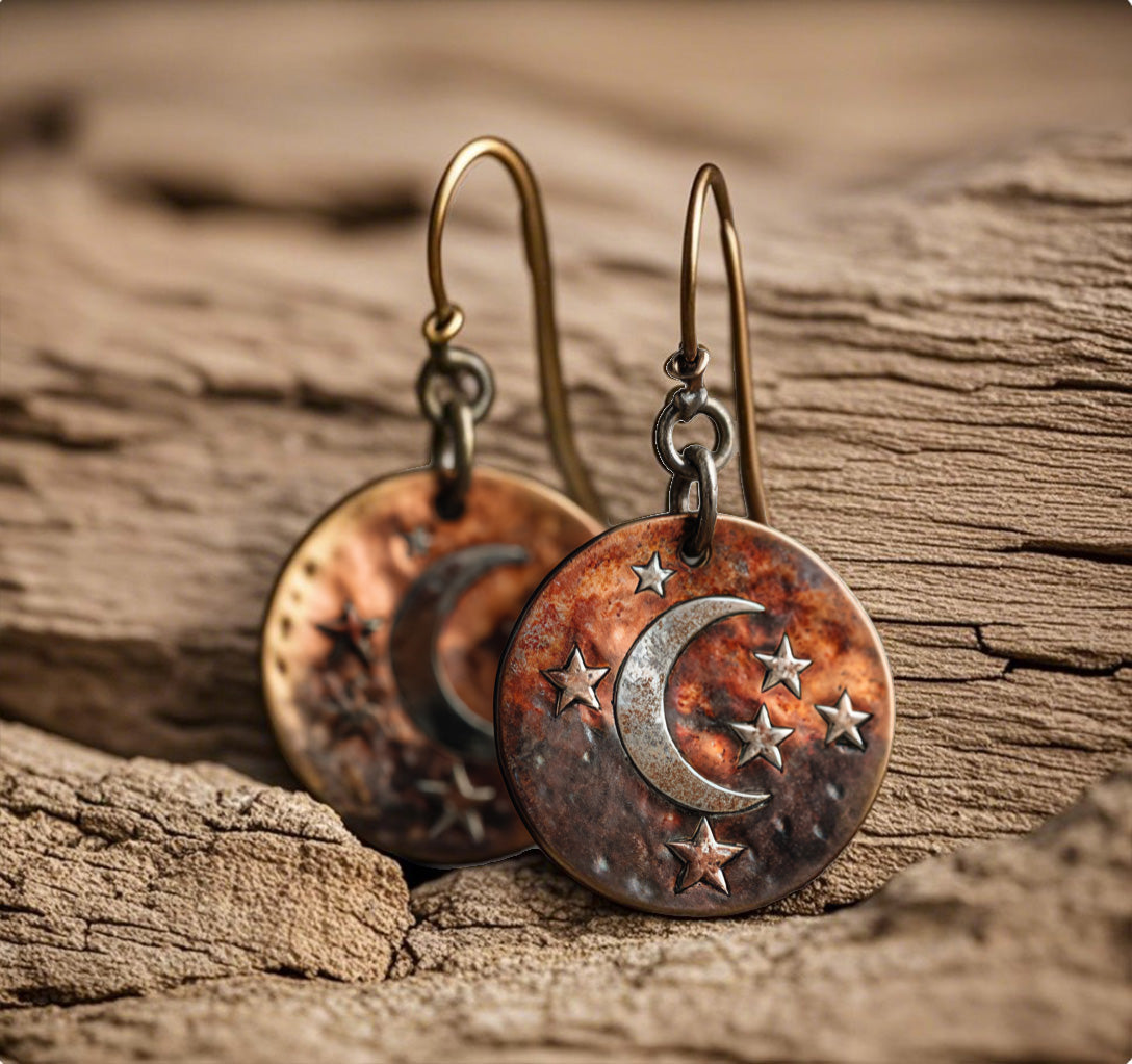 Vintage Copper Crescent Moon and Stars Earrings